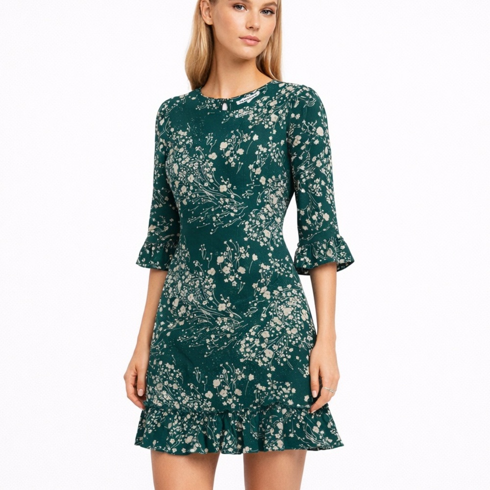 Reformation Doutzen Dress Lake Green Floral Fit Flare Ruffle Hem Size 6